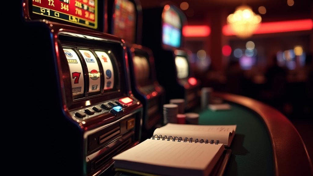 Slot machine with betting notes and session timer in a dark casino