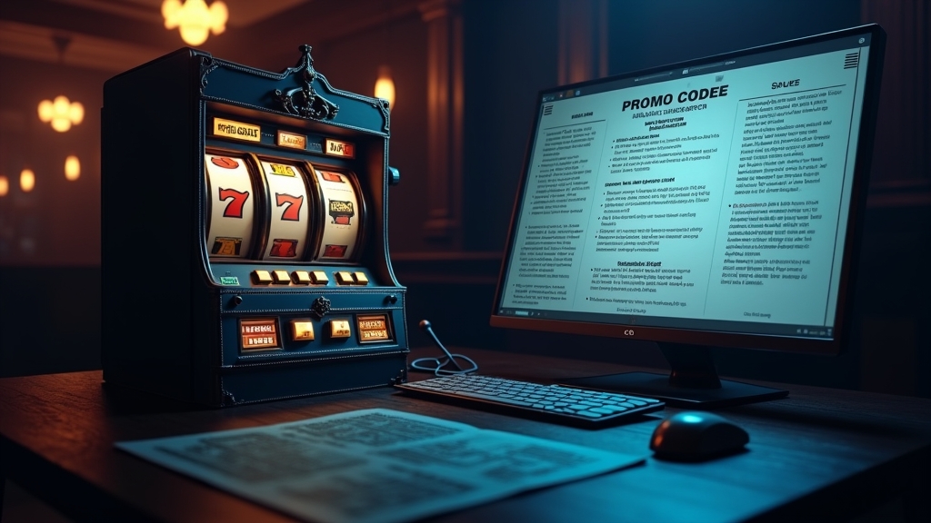 Glowing bonus code field beside a slot machine and terms sheet in a dark casino