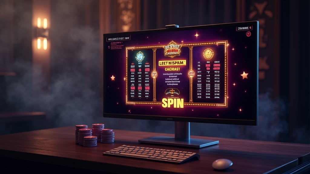 Free play slot interface showing buttons and paytable in a dark casino scene