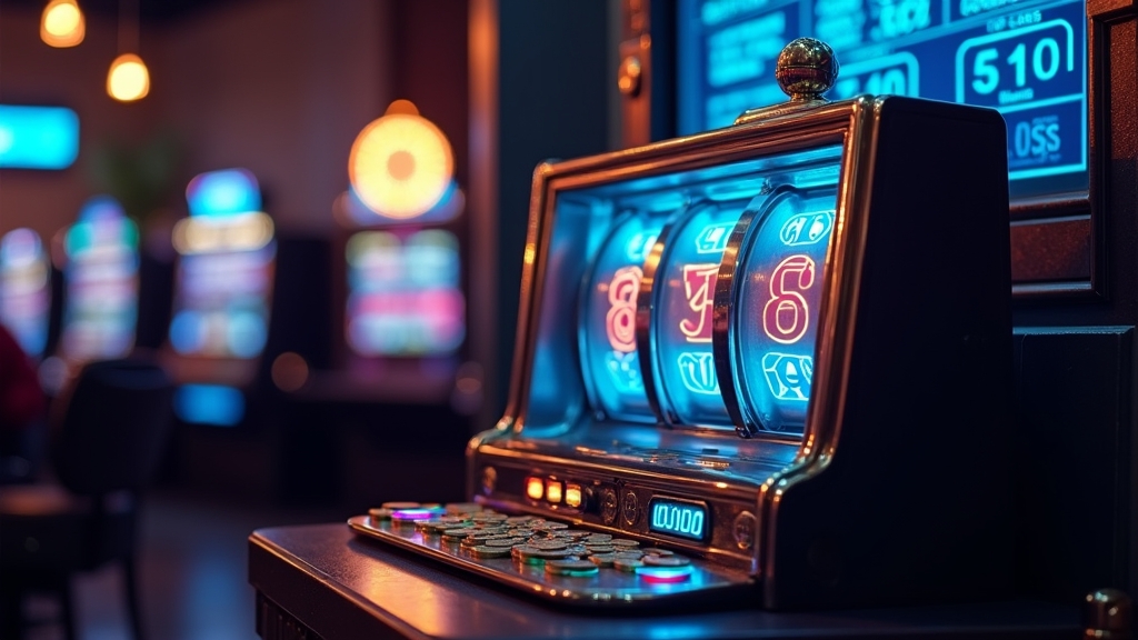 Classic slot machine demo glowing in a dark casino setting
