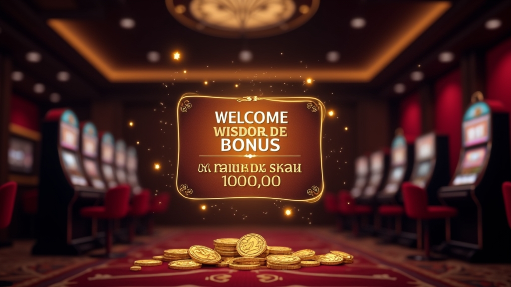 Welcome offer card with free spins and a classic slot machine in a dark lobby