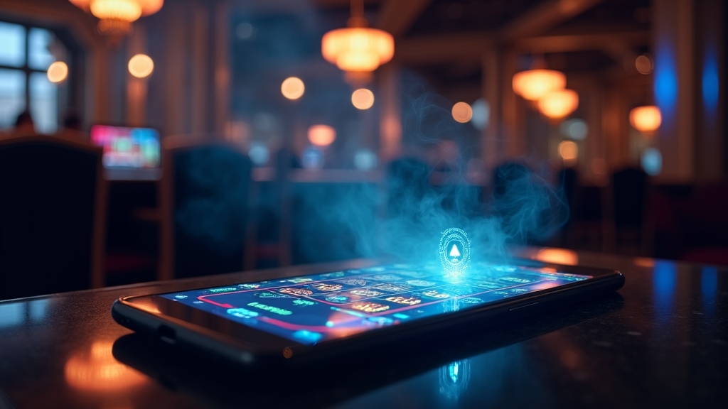 Smartphone showing a slot app download screen in a dark casino setting