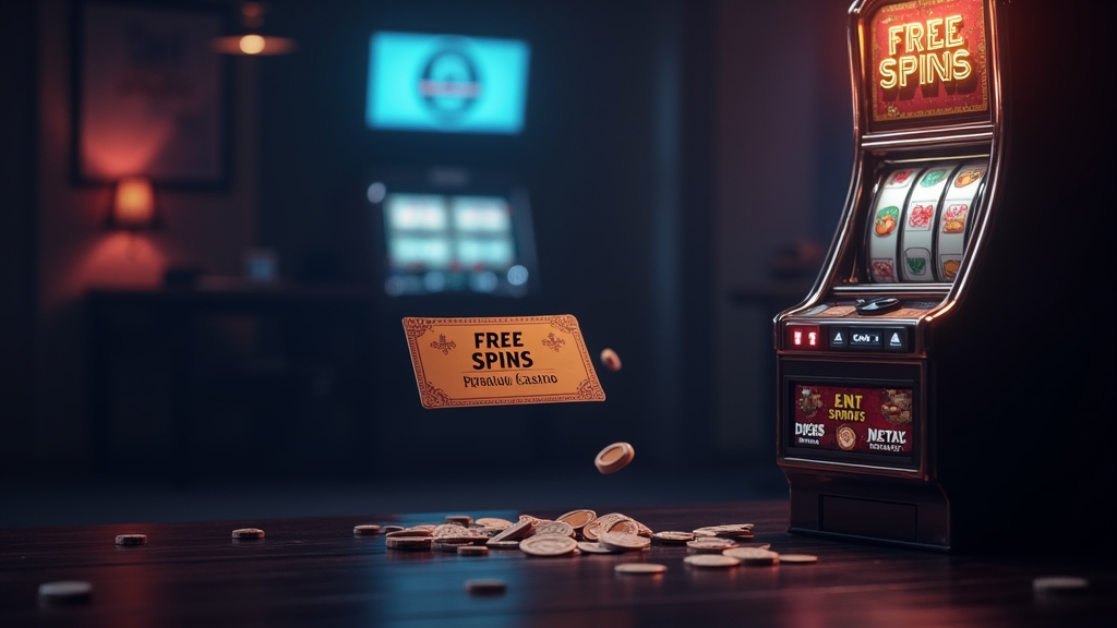 Free spins voucher and slot machine with a no deposit bonus badge