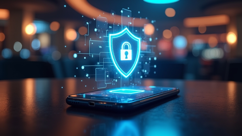 Smartphone with compatibility and security icons in a casino environment