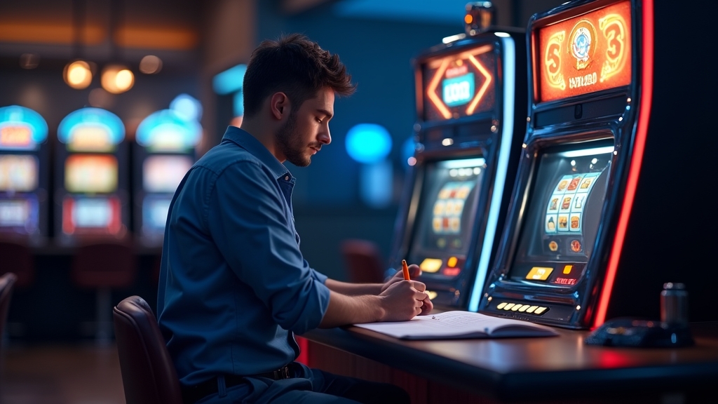 A new player completing a casino registration form beside a slot machine