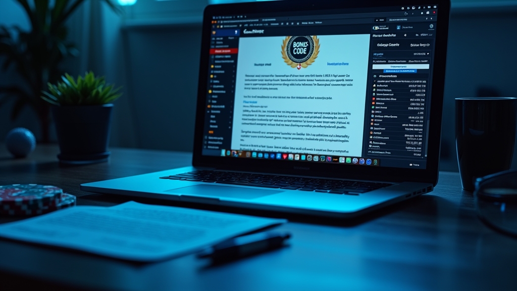 Laptop with a bonus code page, licence badge, and terms document in a dark room